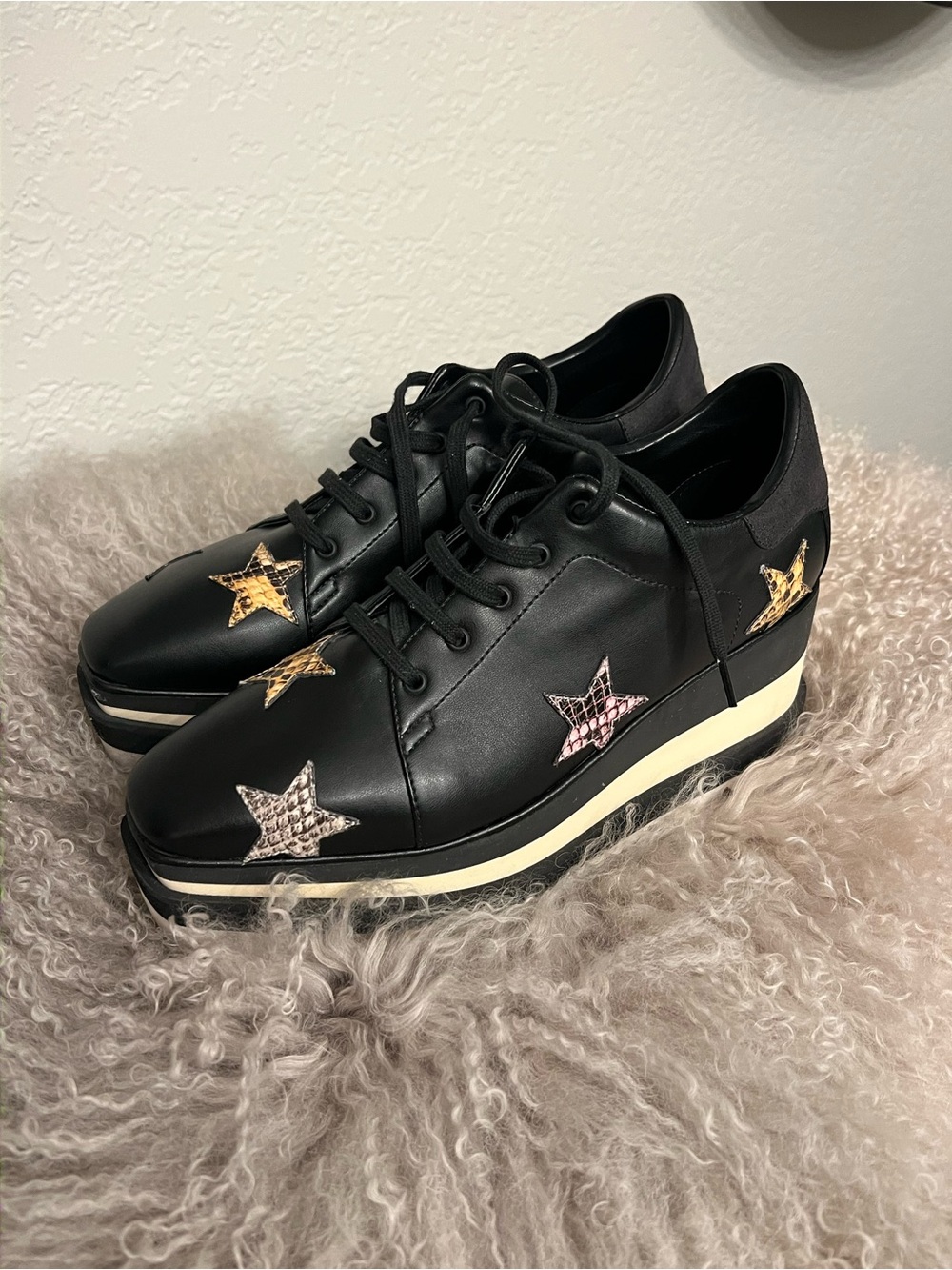 Stella McCartney Black Platforms with Pink and Gold Star Appliqués